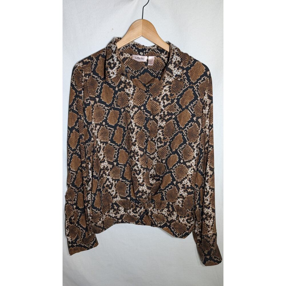 Willow Root Womens Snakeskin Print Blouse Sz XL Brown Casual Twist‎ Front V-Neck